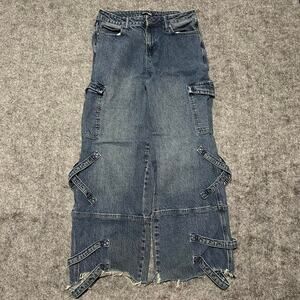 Hot Topic Goth Denim Maxi‎ Skirt Distressed Buckle Straps Size 9